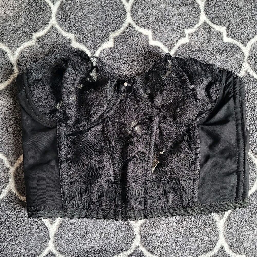 Vintage Valmont Black Corset Bustier Sz 36B Underwire Sheer Lace Victorian Pinup